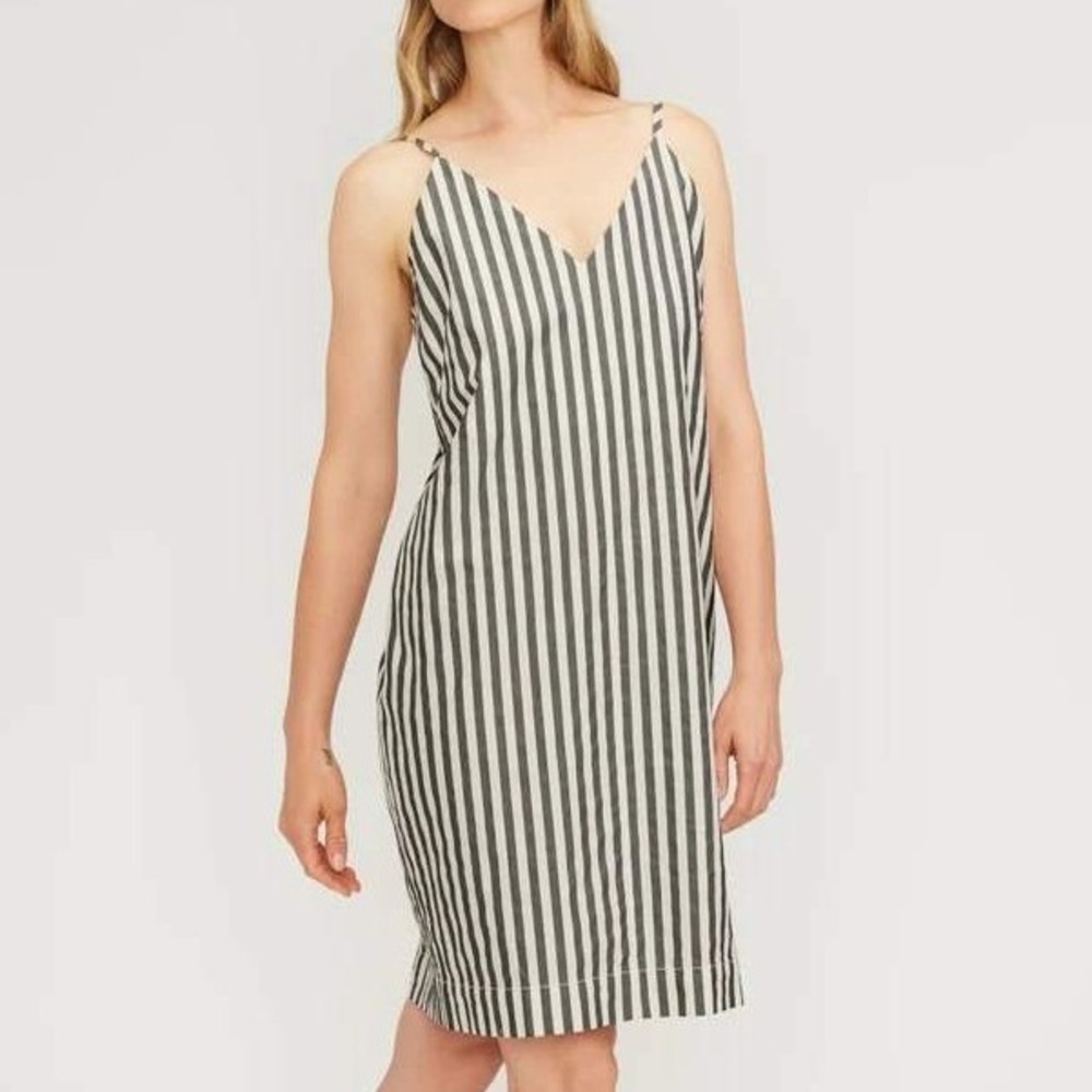 Everlane The Poplin Slip Dress Womens 00 Black White Stripe Cotton Minimalist